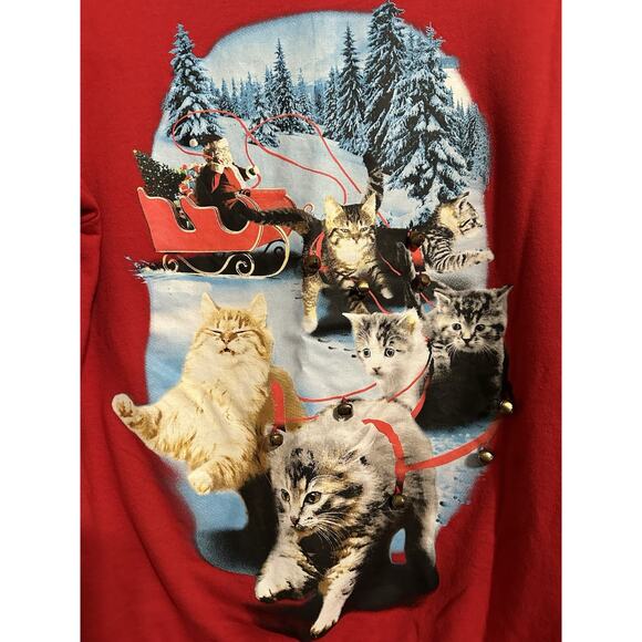 Santa & Kitty Cat Christmas Sweatshirt With Attached Jingle Bells size Medium - Picture 3 of 10